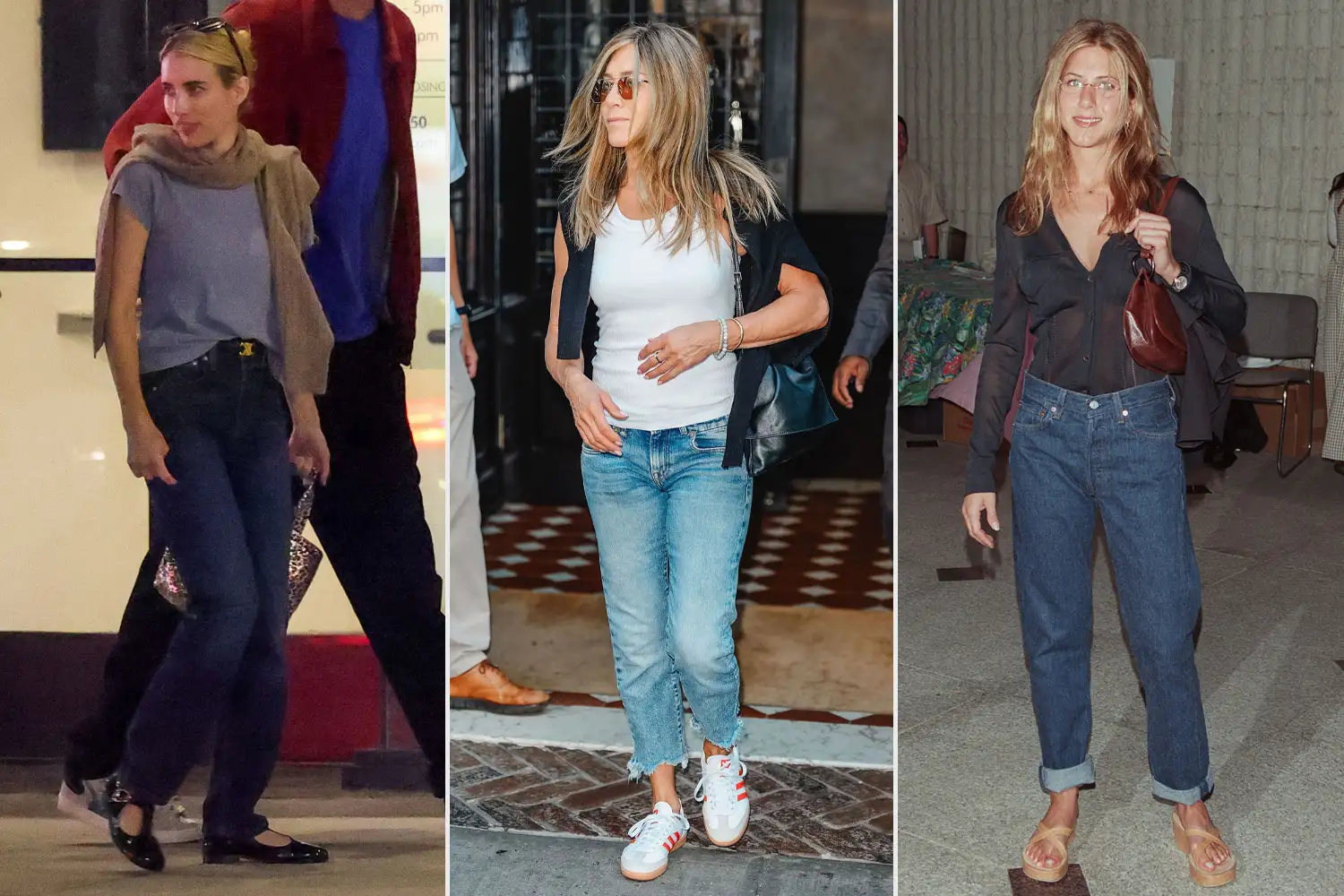 Emma Roberts Just Wore the Jeans Jennifer Aniston Swears By Side-by-side of Emma Roberts and Jennifer Aniston both wearing straight-leg denim