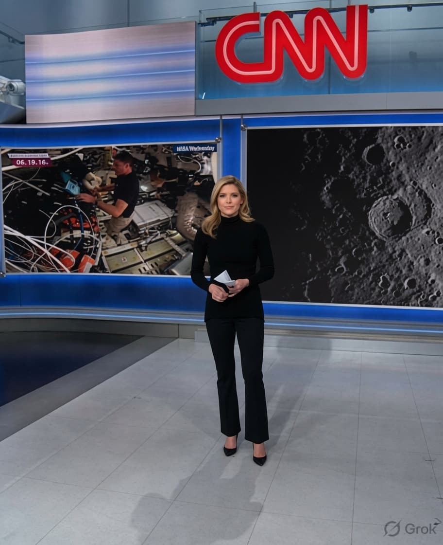 Kate Bolduan standing in the CNN News Central studio with the show logo visible behind her