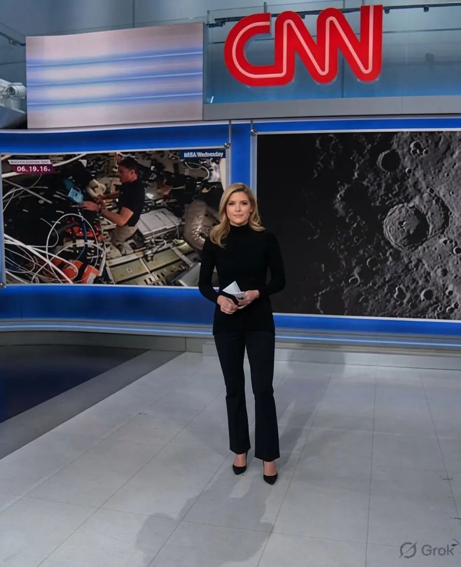 Kate Bolduan standing in the CNN News Central studio with the show logo visible behind her