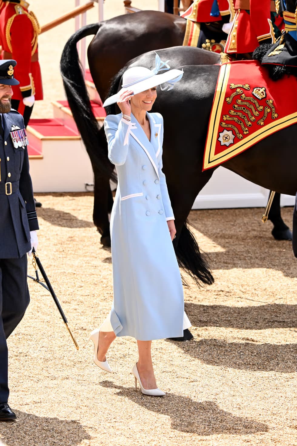 Kate Middleton baby blue Catherine Walker coat dress Philip Treacy hat Trooping Colour 2026