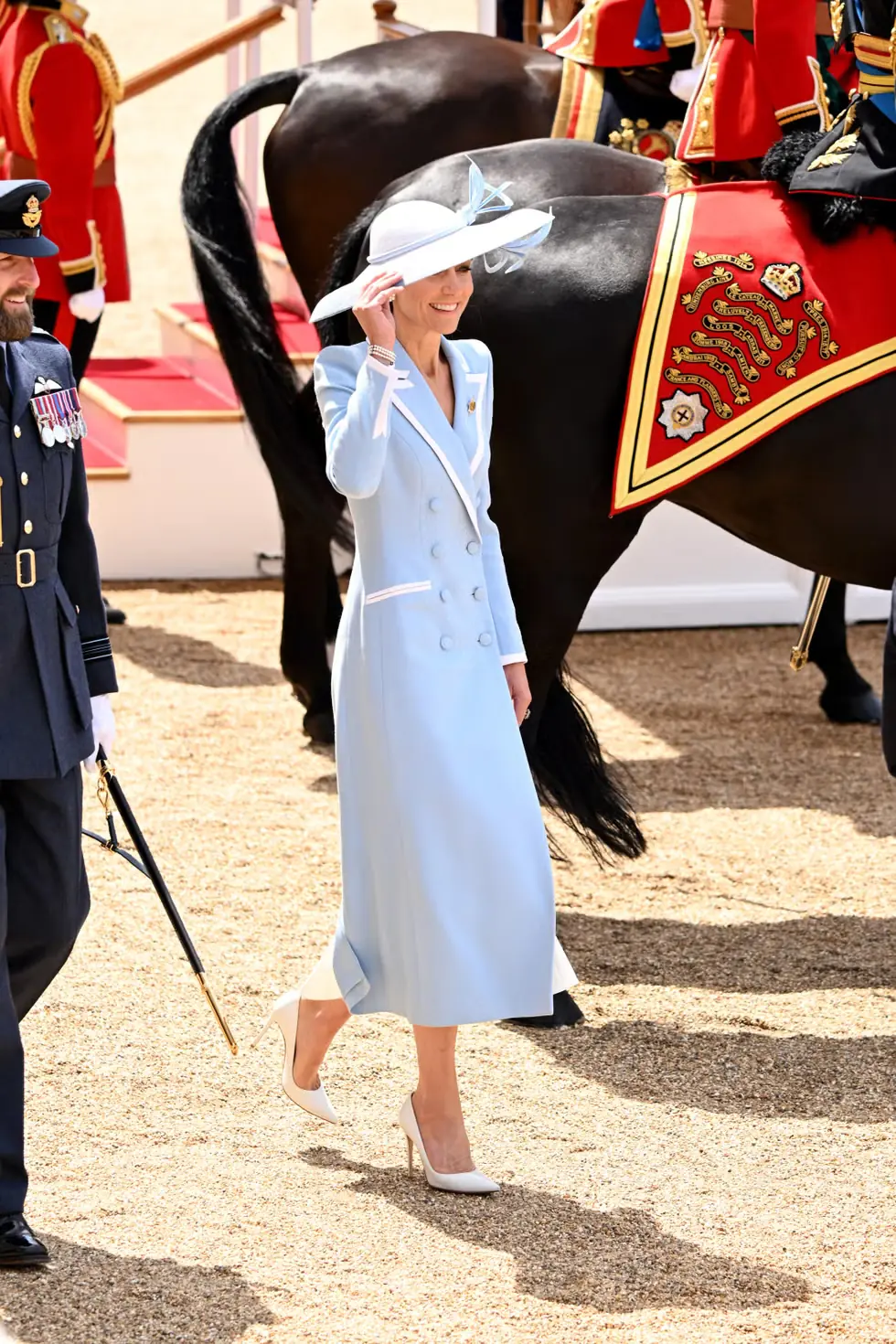 Kate Middleton baby blue Catherine Walker coat dress Philip Treacy hat Trooping Colour 2026