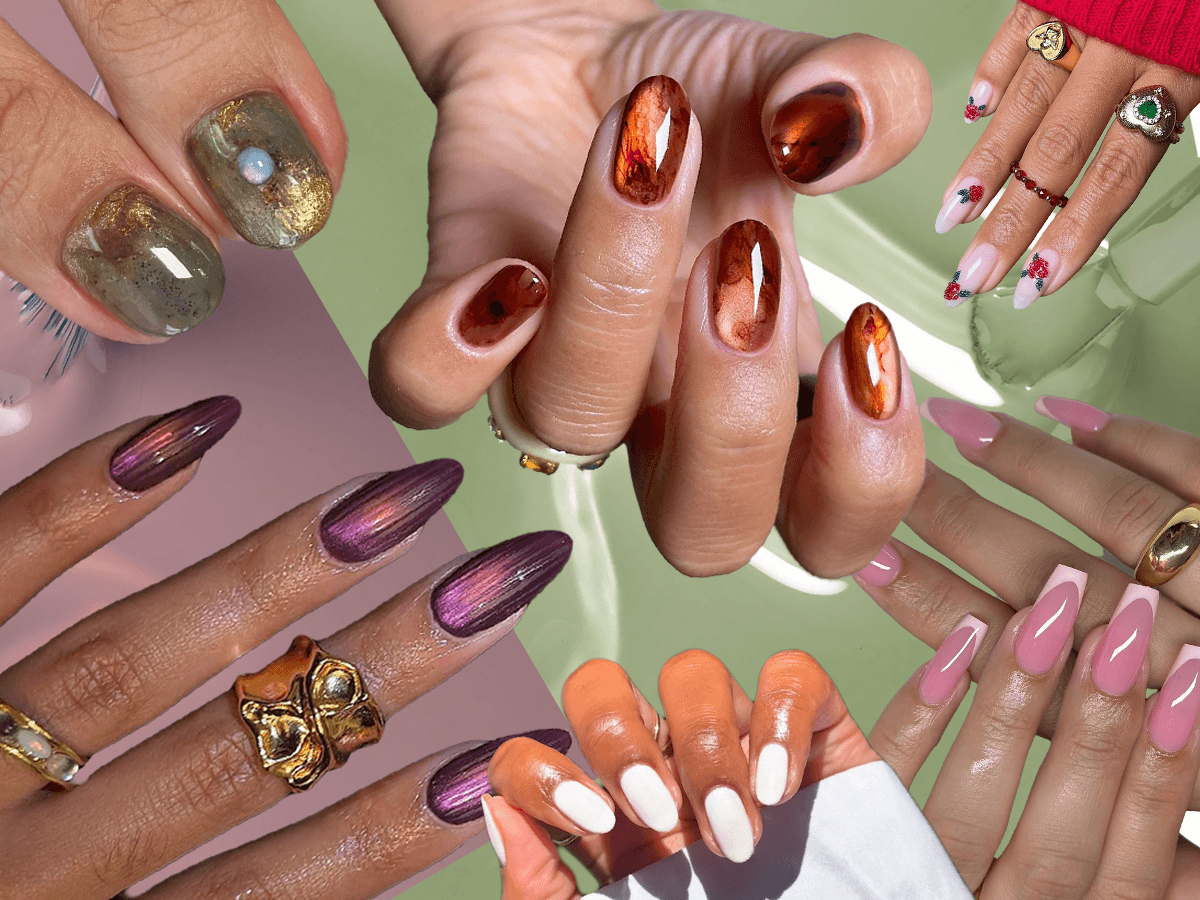 6 Nail Trends That Will Be Everywhere in 2026, From Nuance Nails to Ethereal Cool Tones Collage of 2026 nail trend looks — nuance nails, Baccarat texture, jelly finishes, and ethereal cool tones