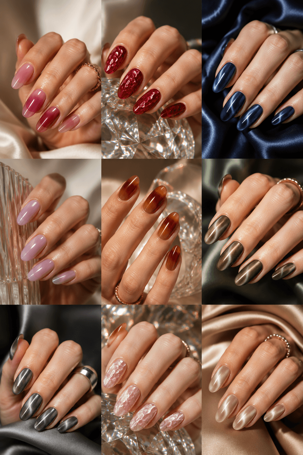 Overview of 2026 nail trend looks — layered jelly, Baccarat texture, and super-fine cat eye finishes