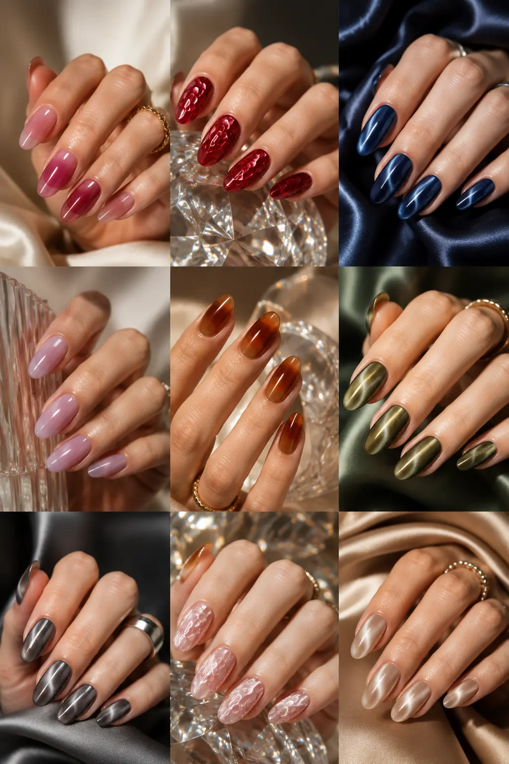 Overview of 2026 nail trend looks — layered jelly, Baccarat texture, and super-fine cat eye finishes